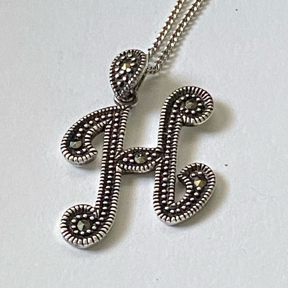 925 Sterling Silver Marcasite Initial 'H' Pendant Necklace